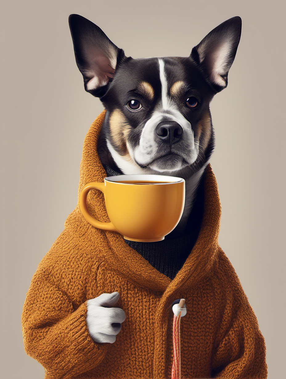 personified dog wear sweater and drink tea