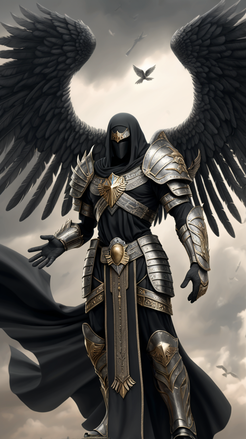 Un dios mitad negro con alas llevando armadura