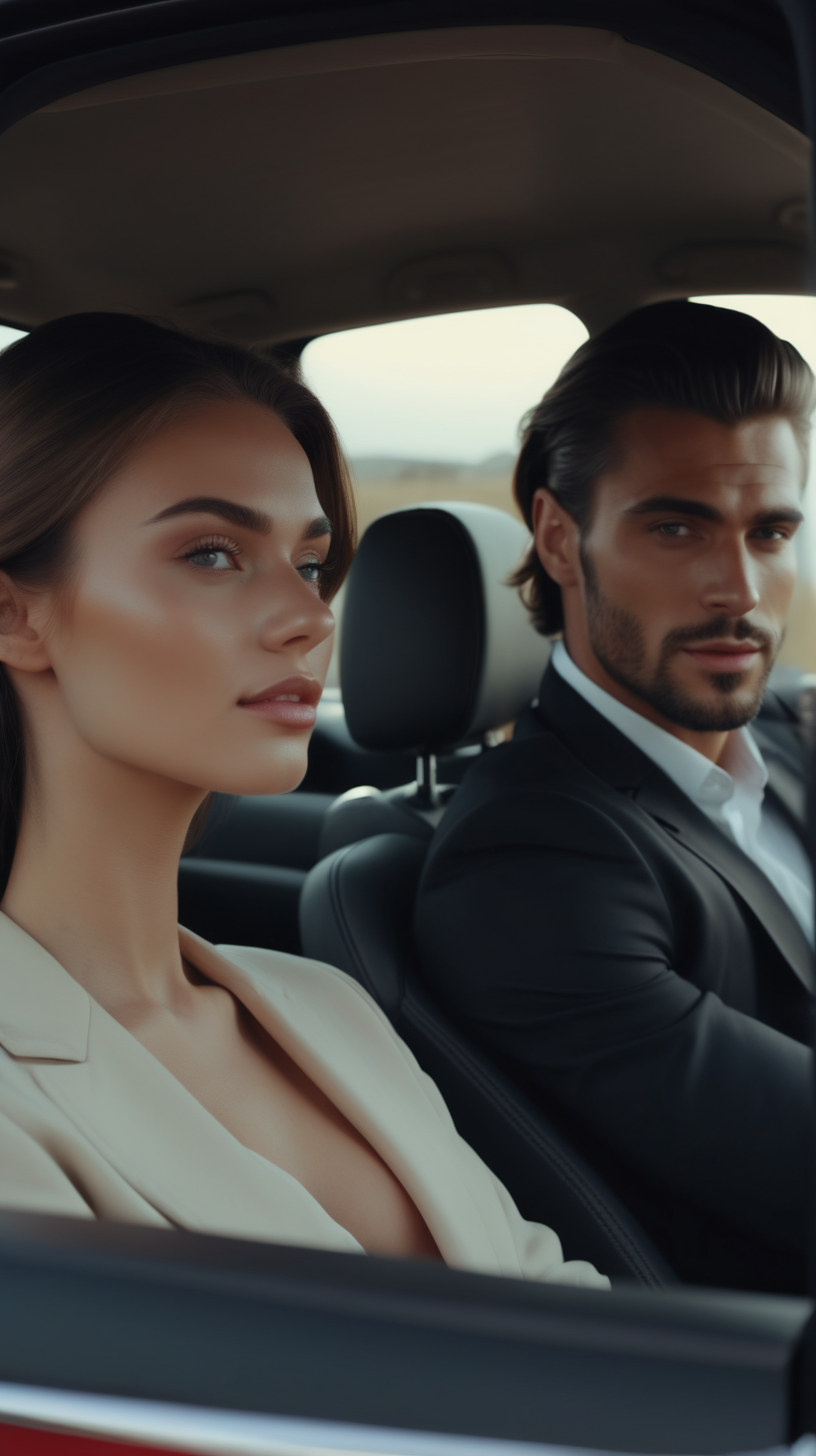 handsome man and beautiful woman in a car