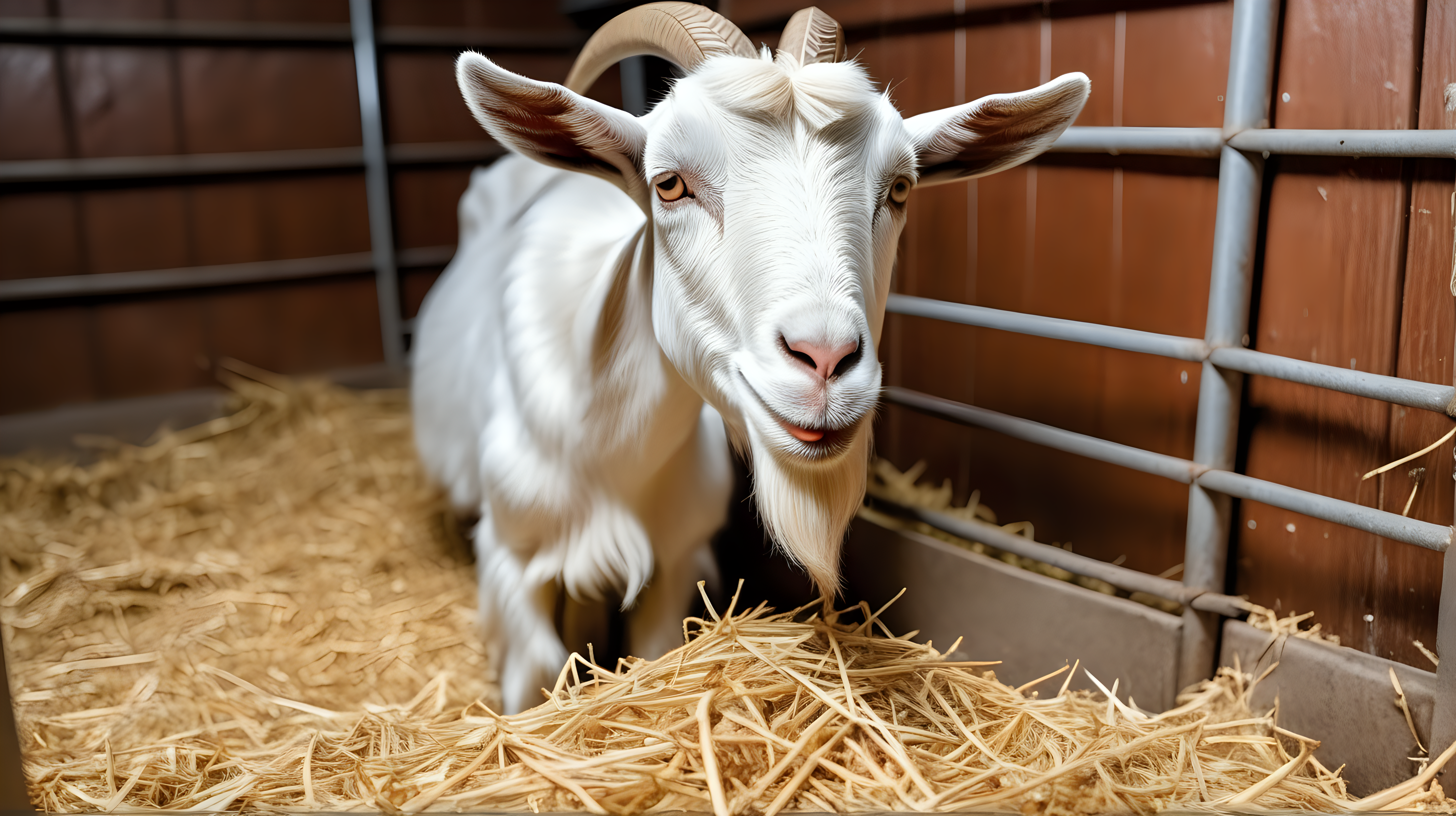 goat eat hay in stall modern farm isolated