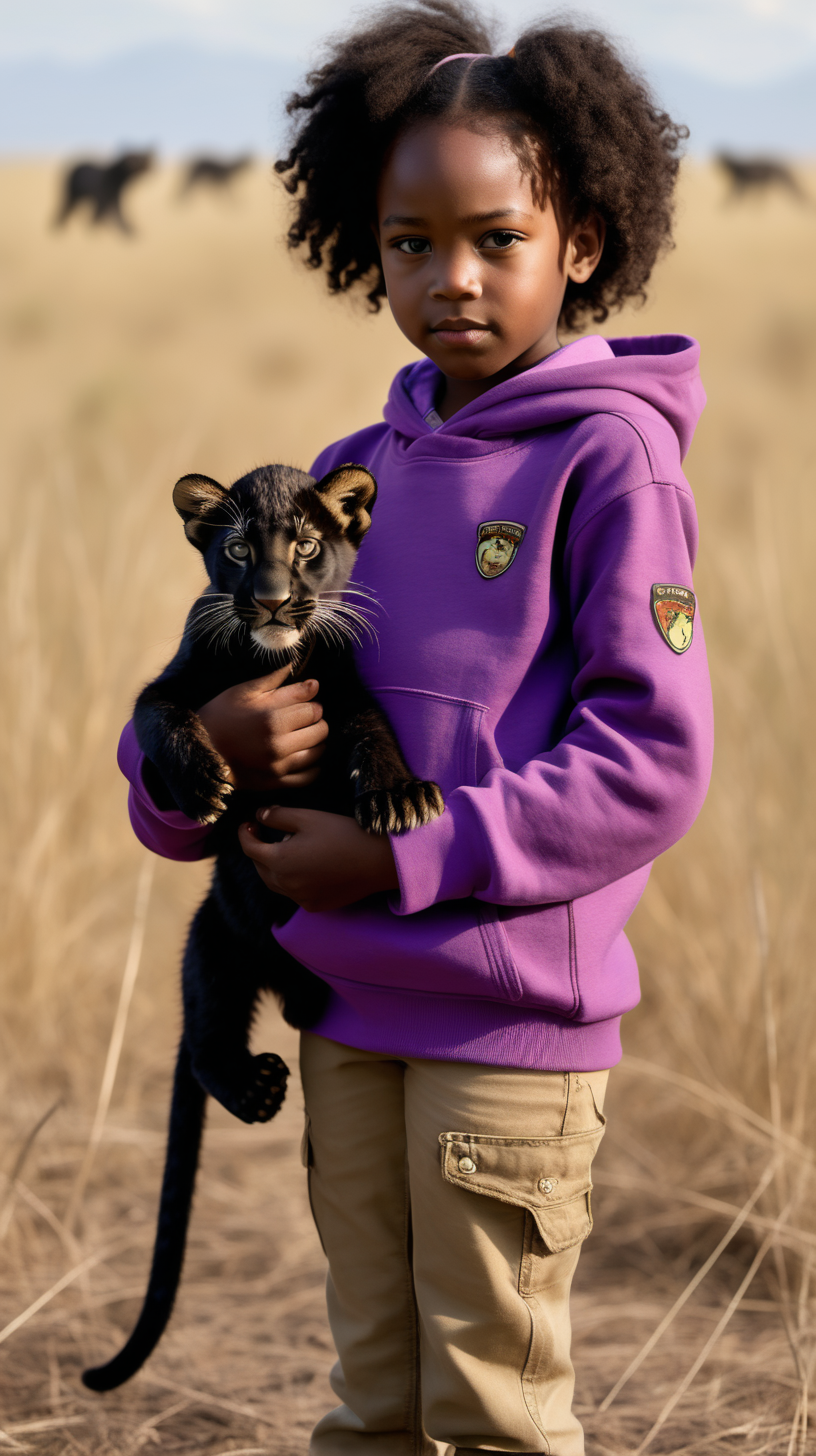 A pretty, little black girl wearing a violet-red hoody, and khaki jeans, standing in the serengeti, holding a panther cub,