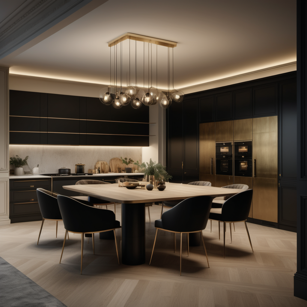 a hyperrealistic image of a grand modern Parisian  open plan kitchen and dining room,  at night with mood lighting  in beige, oak, brass and black
