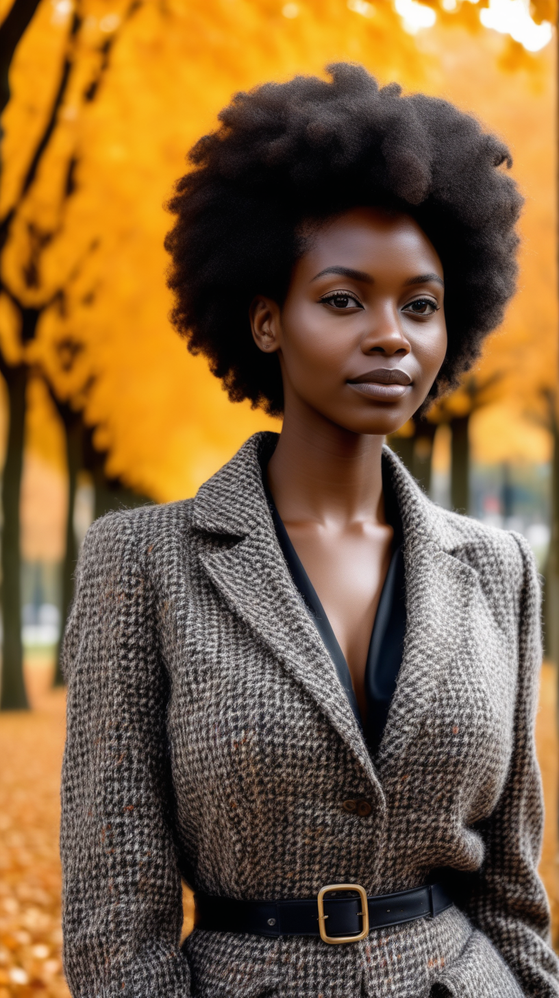 A handsome, intelligent black, female, wearing a, short hair, wearing a blouse, wearing a elegant, string of African, Wearing a tweed, two piece, women's wool suit, in a park, brightly lit, modern day, sunny, in Ultra 4K, High Definition, full resolution, hyper realism