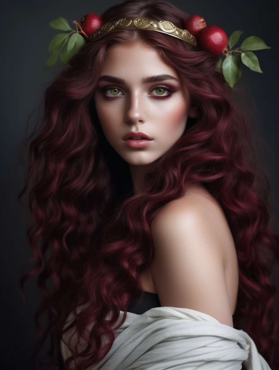 a very beautiful greek goddess  wavy maroon hair heart shaped face perfect lips light olive colored eyes in darkness pomegranates wearing a sexy black toga