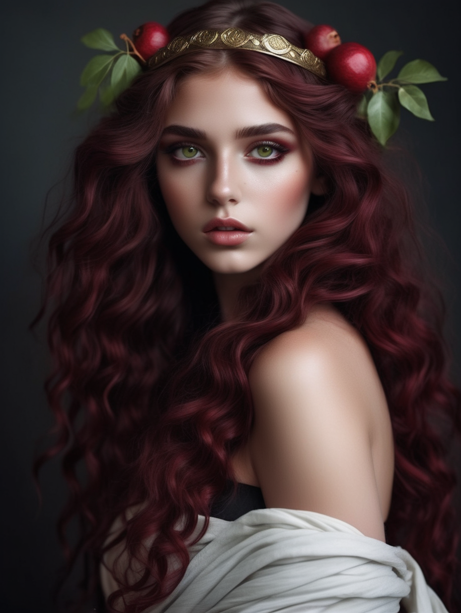 a very beautiful greek goddess wavy maroon hair