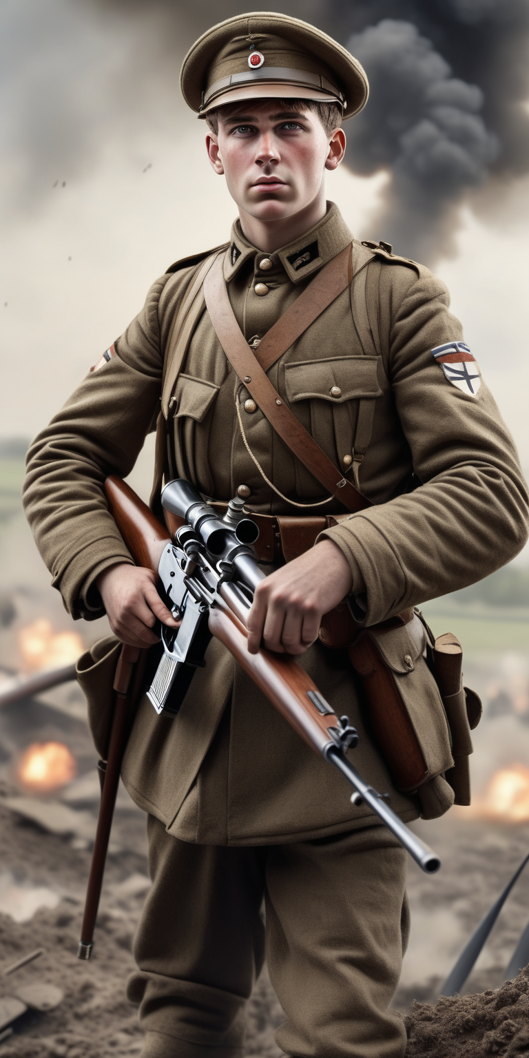 Realistic WW1 soldier with brown hair with a marksman rifle in a battlefield