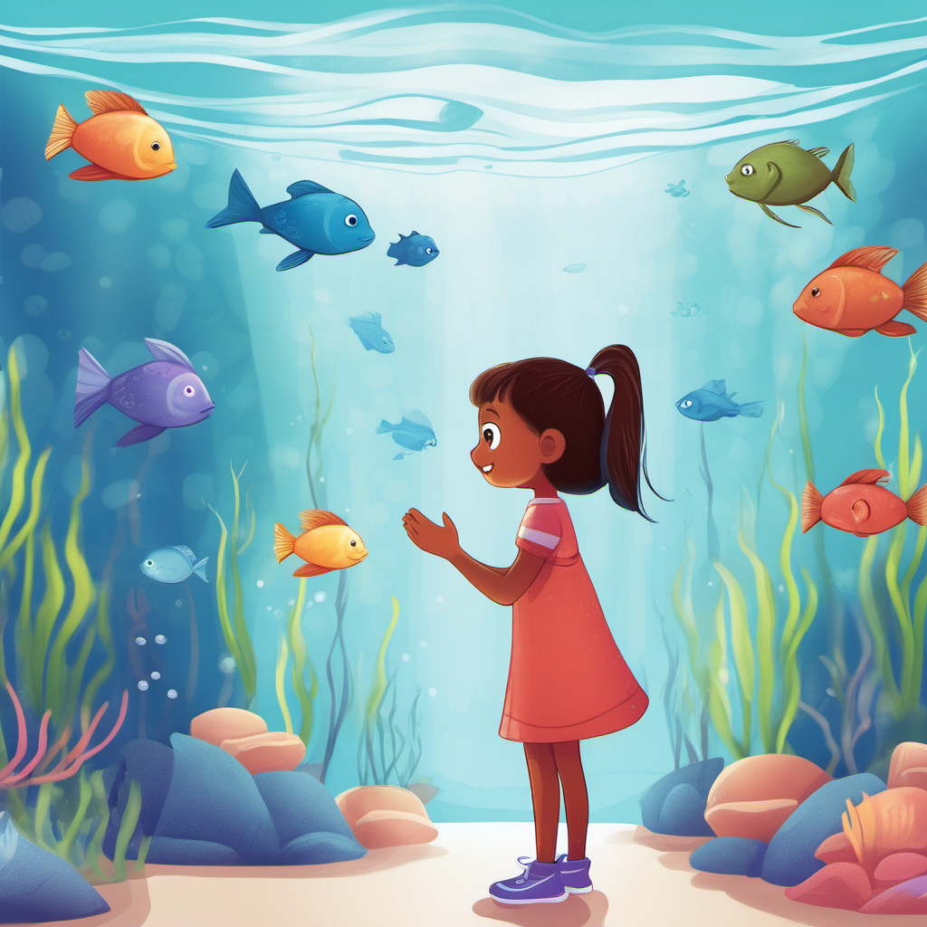 Design a cover for a children's book about a little girl visiting a aquarium