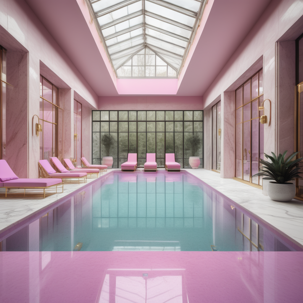 hyperrealistic image of modern Parisian  indoor pool, sunbeds, in an aqua, pink, lilac and brass colour palette, limestone pavers, floor to ceiling windows