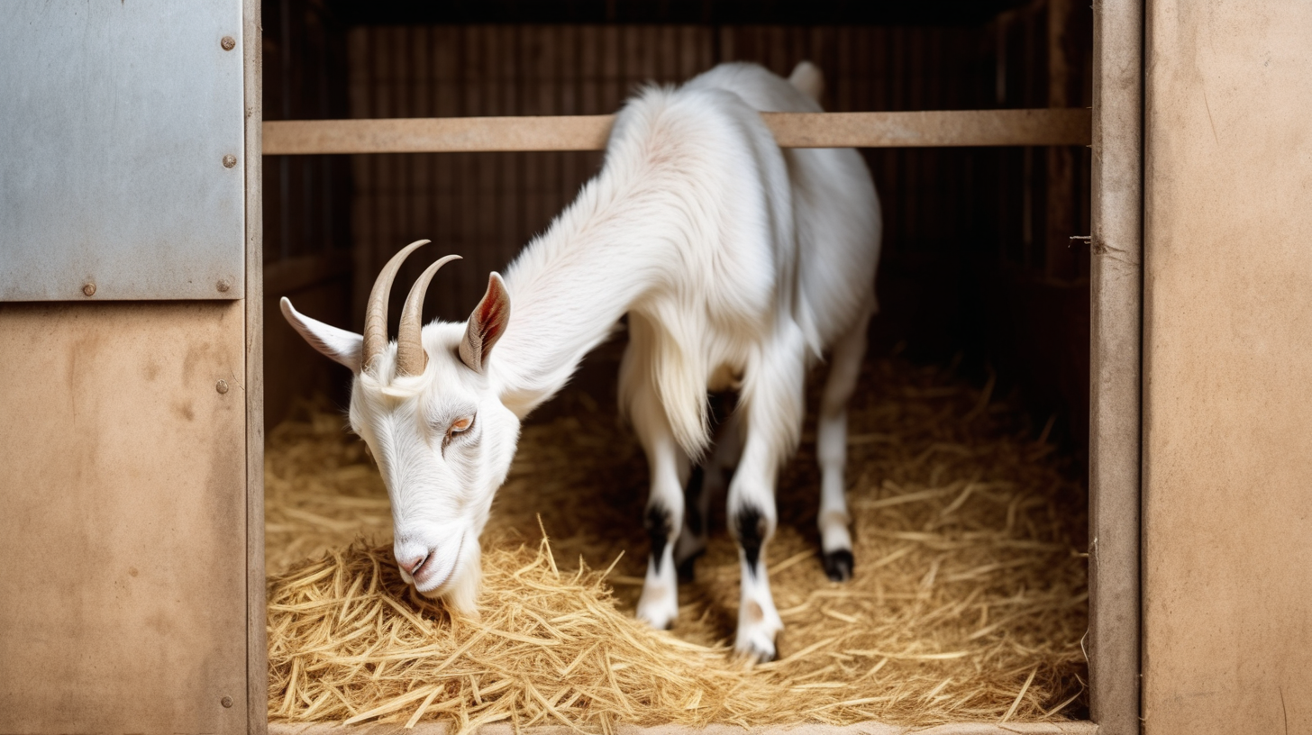 goat eat hay in stall modern farm isolated