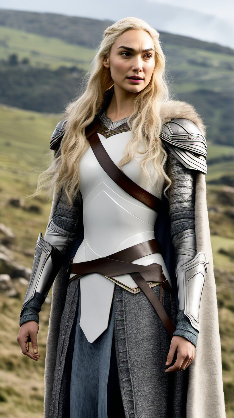 Gal Gadot, with waist-length white-blonde hair standing with Sansa Stark