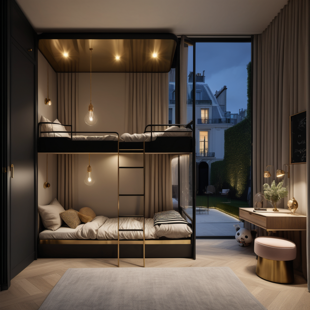 a hyperrealistic image of a palitial modern Parisian childrens bedroom at night with mood lighting, floor to ceiling window and doors opening to the private courtyard garden in beige, oak, black and brass with modern brass pendant lights, bunk bed with canopy
