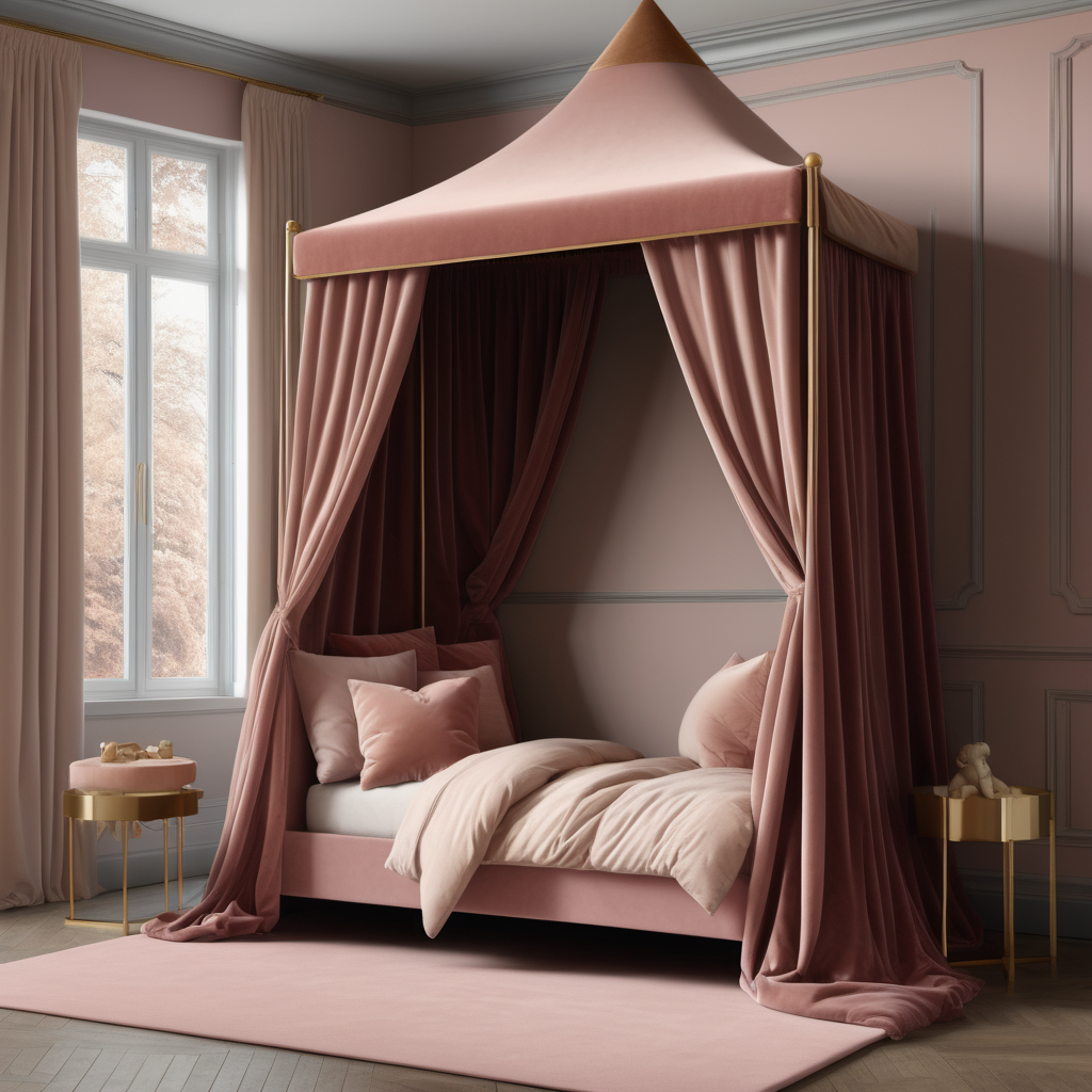 a hyperrealistic image of a velvet modern Parisian  childrens bed with canopy  in dusty rose, beige and brass 
