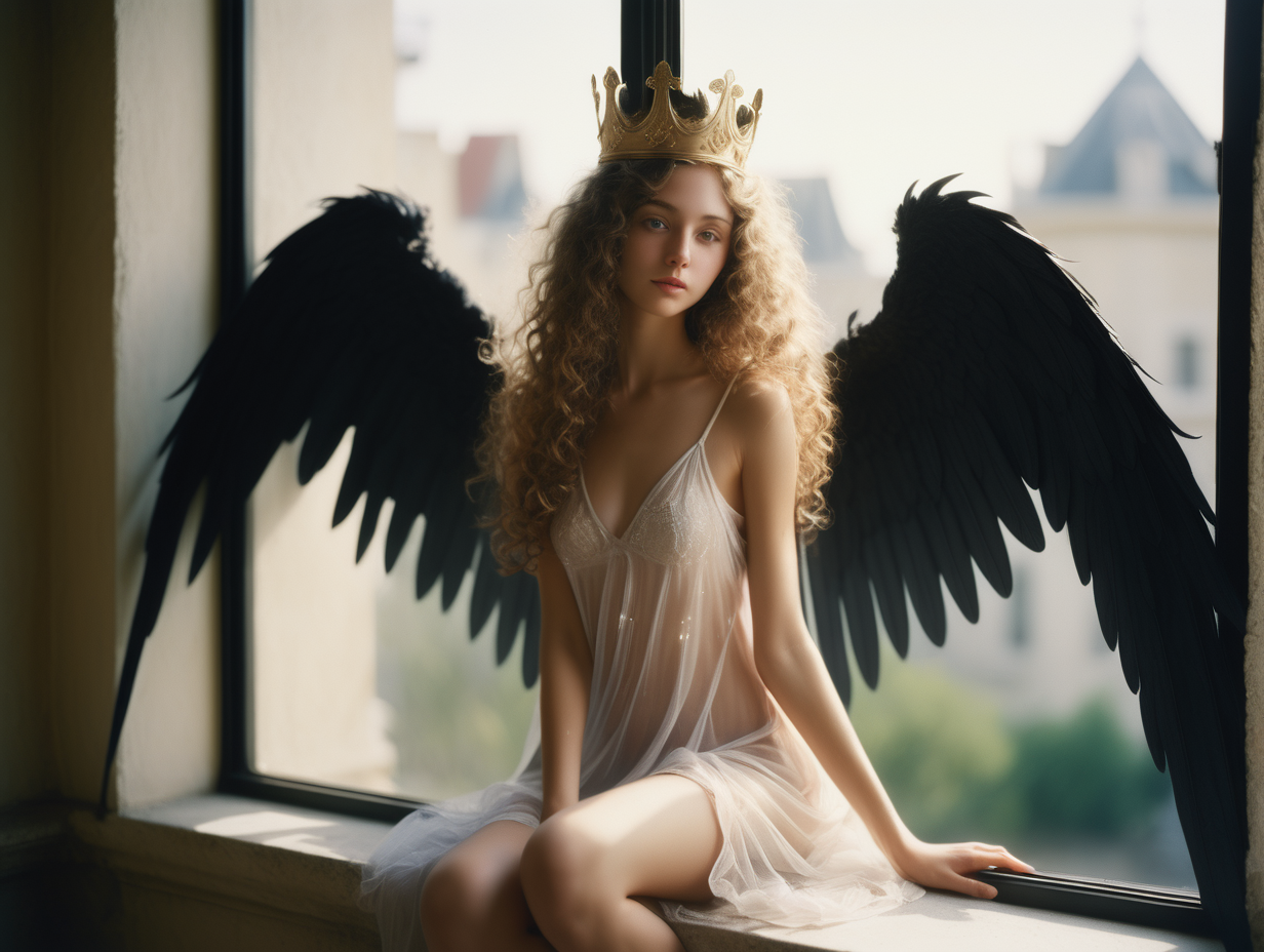 A beautiful slim  fairy in her twenties with long curly hair , big black wings, wearing heavenly attire, sexy,  crown on head, holding fairy stick, at the terrace, in the morning, delicate hands, detailed face, detailed skin, detailed hands, photorealistic, gravure, AV, pro photography, slide film, photo book, window light, full body shot, soft body, window light, film grain, 35mm