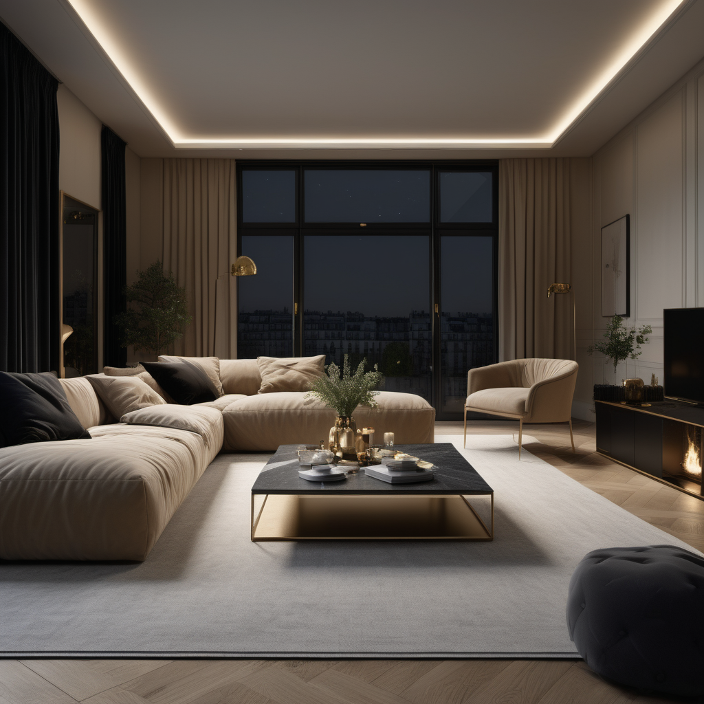 a hyperrealistic image of a grand modern Parisian 6.7x4.7 metre open plan living room with sofa and dining table, with windows along only one wall, at night with mood lighting  in beige, oak, brass and black
