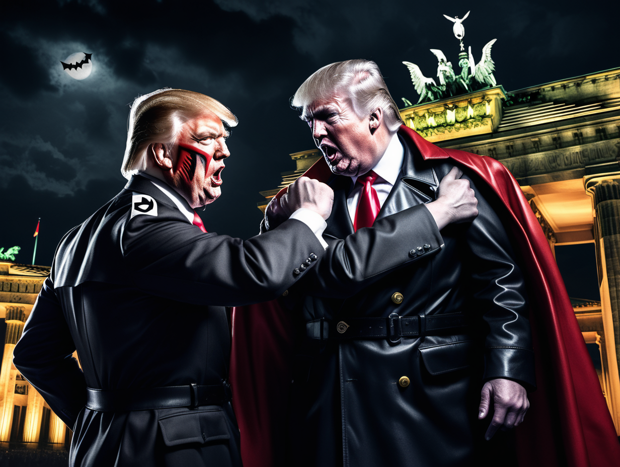 Donald Trump in a Nazi uniform fighting Dracula at night  in Berlin