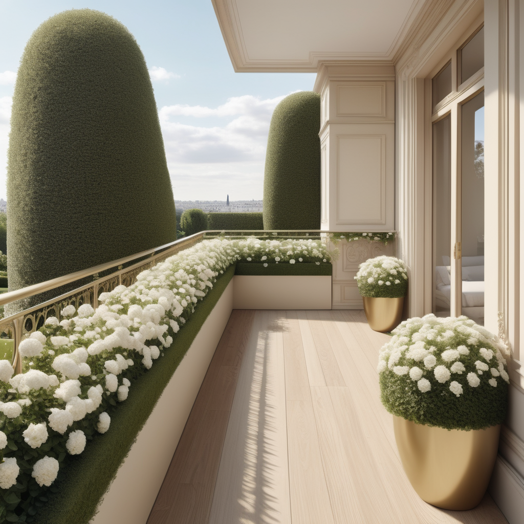 a hyperrealistic of a  modern parisian balcony, looking over the sprawling lawns and elegant gardens of white flowers and manicured hedges, in a beige oak brass colour palette --no visible homes nextdoor
