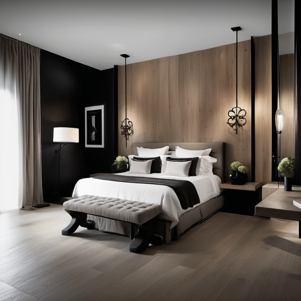 Bedroom design in the style of Kelly Hoppen for a Spanish villa dark Wood floor