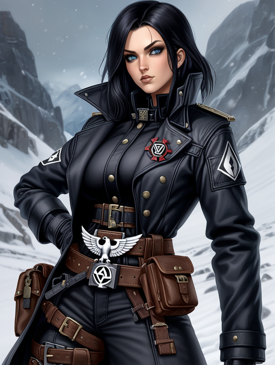 Warhammer 40K young very busty Commissar woman. She has an hourglass shape. She has raven black hair. She has a very short hair style similar to what Maya, from Borderlands 2, has. Dark black uniform. Dark brown belt has a lot of pouches, grenades, and a black holster attached. Dark brown bandolier around waist. Her dark black uniform jacket fits perfectly and is closed up. She has a lot of eye shadow. Background scene is snowy trench line. She has icy blue eyes. Her uniform has some Norse runes. She is wearing warm clothes. Valknut rune is on collar of jacket.
