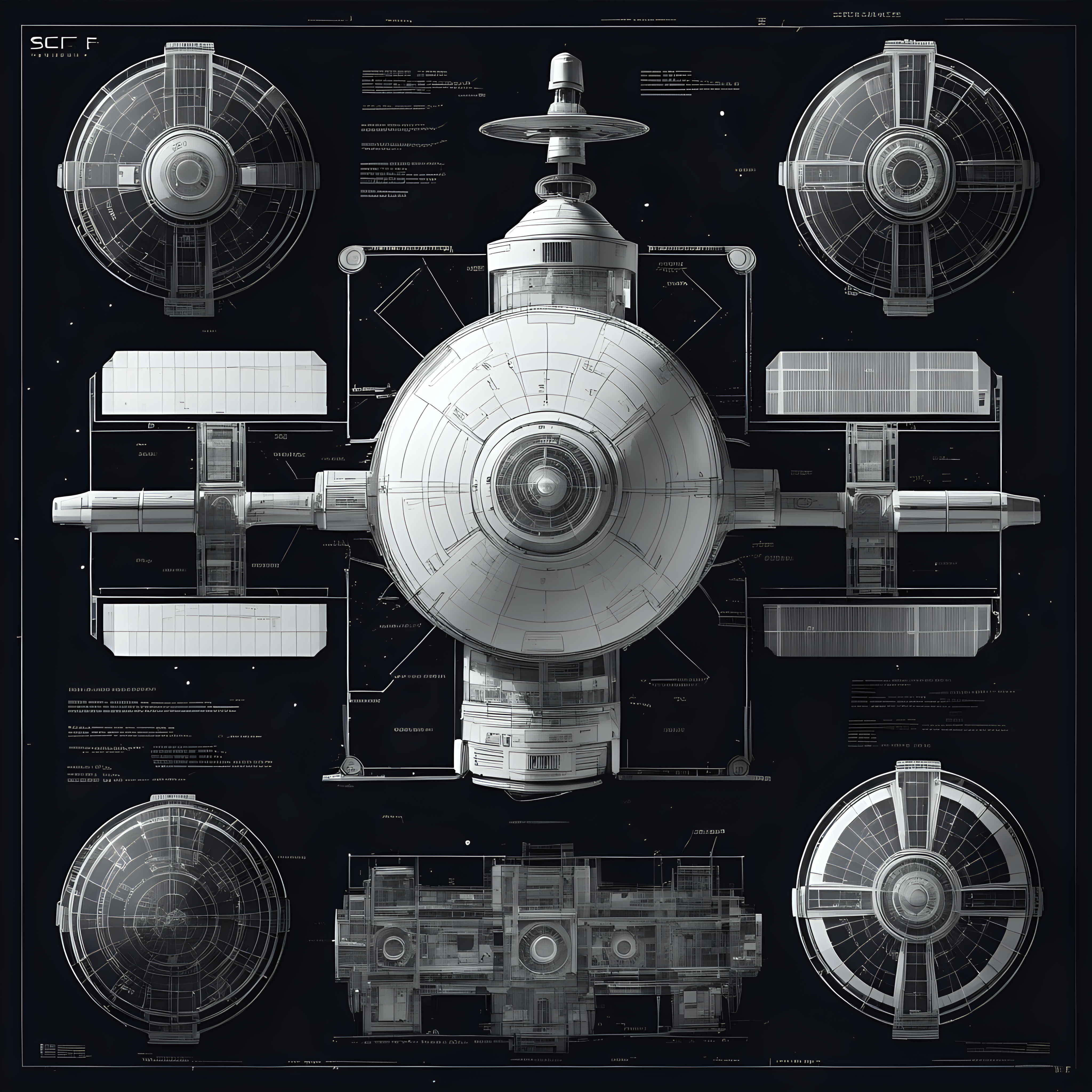 highly detailed black and white blueprints of sci-fi satellite 