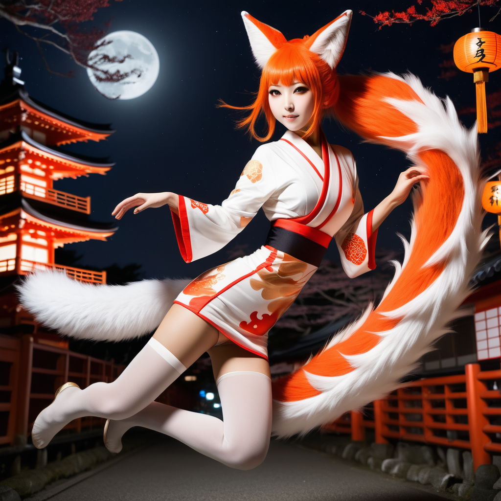 beautiful Japanese girl, skintight costume, kitsune, ghost fox, nine fox tails, flying, Japan, night