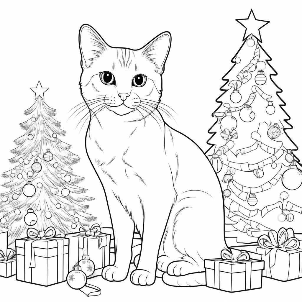 coloring book outline cat christmas
