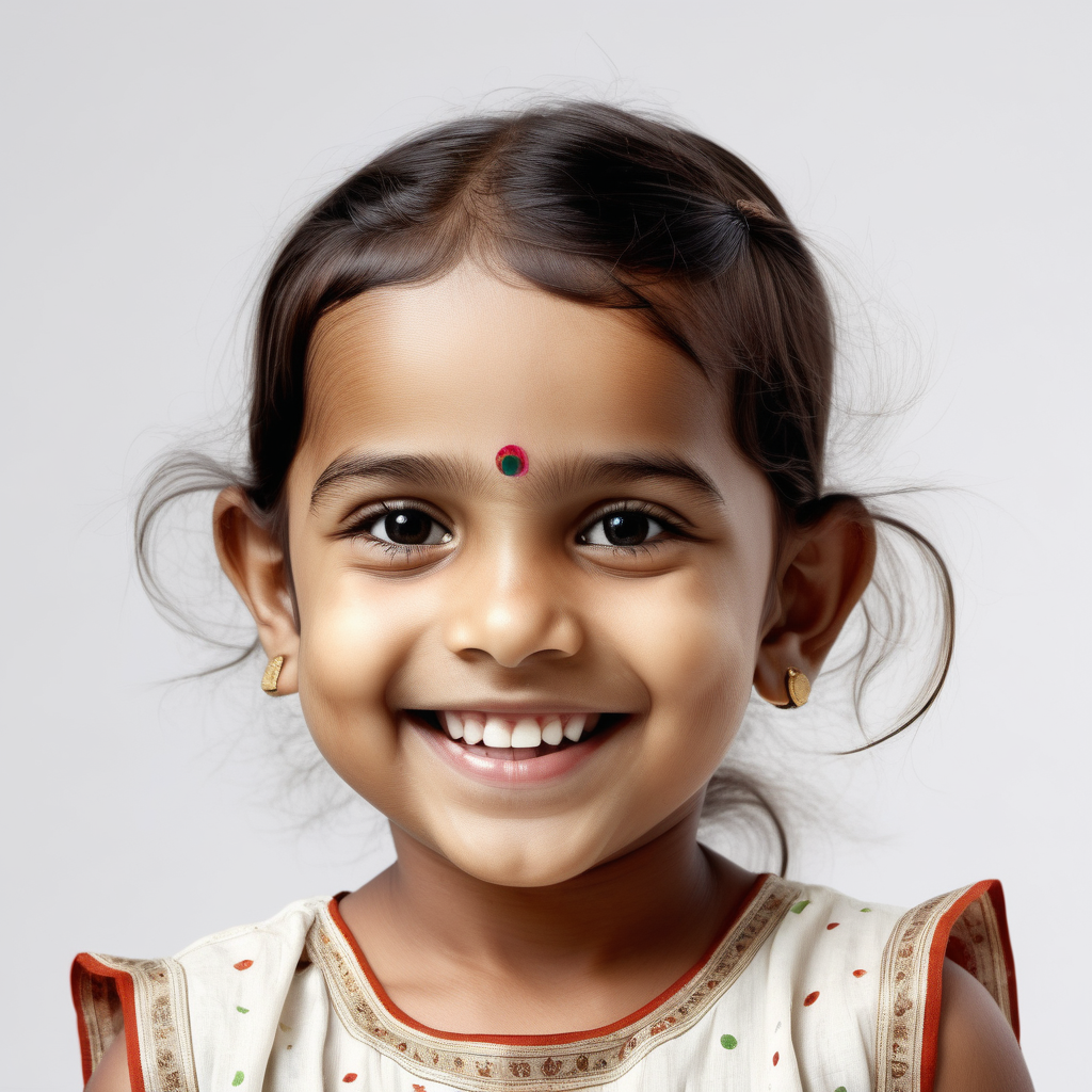bílé pozadí_reálná tvář_dítě 3 roky_ holka_Indie_usmívají se_je vidět celá hlava_usmívá se