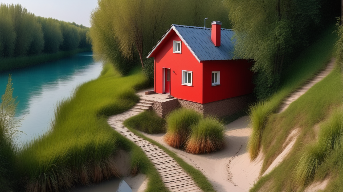 На высоком берегу речки стоит уютный  красный маленкий домик, со двора дома проложена  узкая тропинка , которая прямо ведет к песаному берегу речки с чистой голубой водой