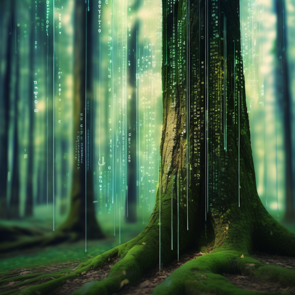 A serene forest backdrop with a transparent code overlay. Imagine streams of code gently cascading down the trunk of a tree, representative of nature and technology in harmony.
