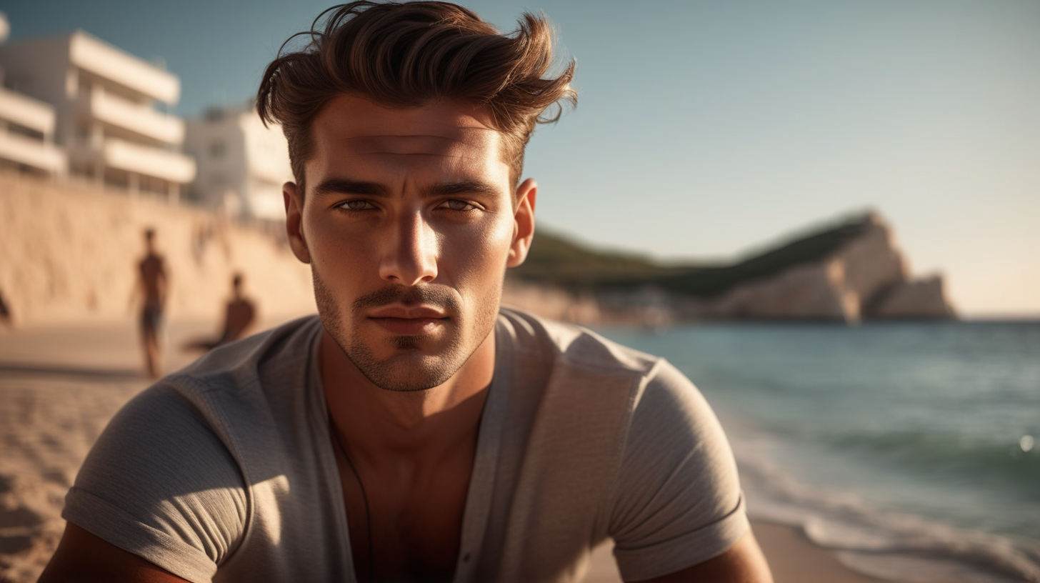 Chill-out, super realistic, ibiza, beach, handsome man. The lighting in the portrait should be dramatic. Sharp focus. A ultrarealistic perfect example of cinematic shot. Use muted colors to add to the scene