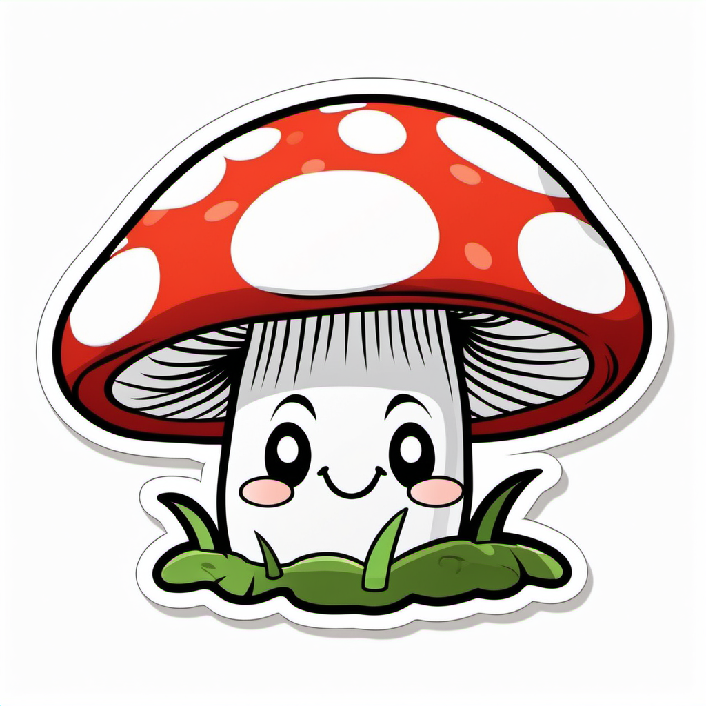 Sticker, Smiling red Mushroom with Spots, cartoon, contour, vector, white 
background 