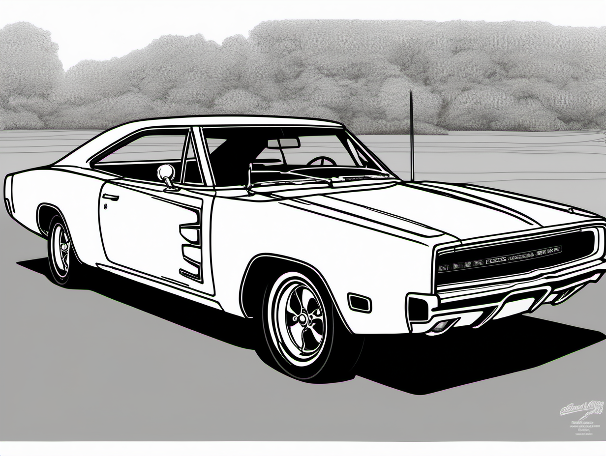 coloring page, classic American automobile, 1968 Dodge Charger, clean line art, no shade