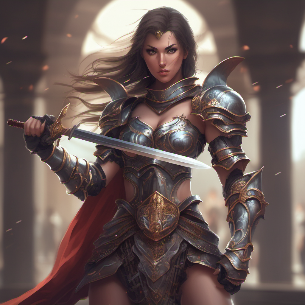 A sexy and beautiful armorclad female warrior wielding