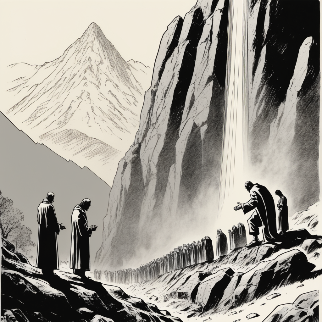 people making pennance beside a mountain comicbook art in  Hal foster style


