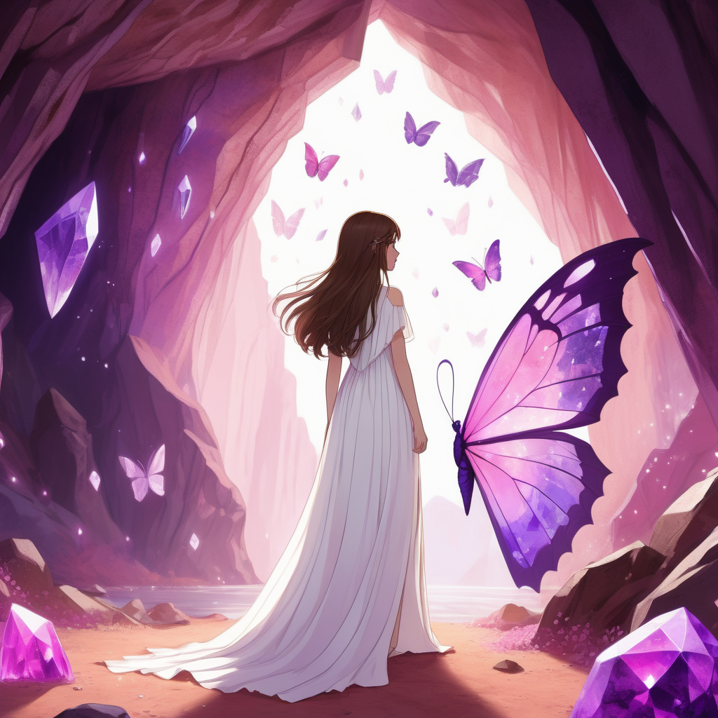 A teenage girl with long brown hair stands in front of a cave with large pink and purple crystals on the walls—She's wearing a white flowy dress. She has a butterfly on her shoulder. Show her back. 