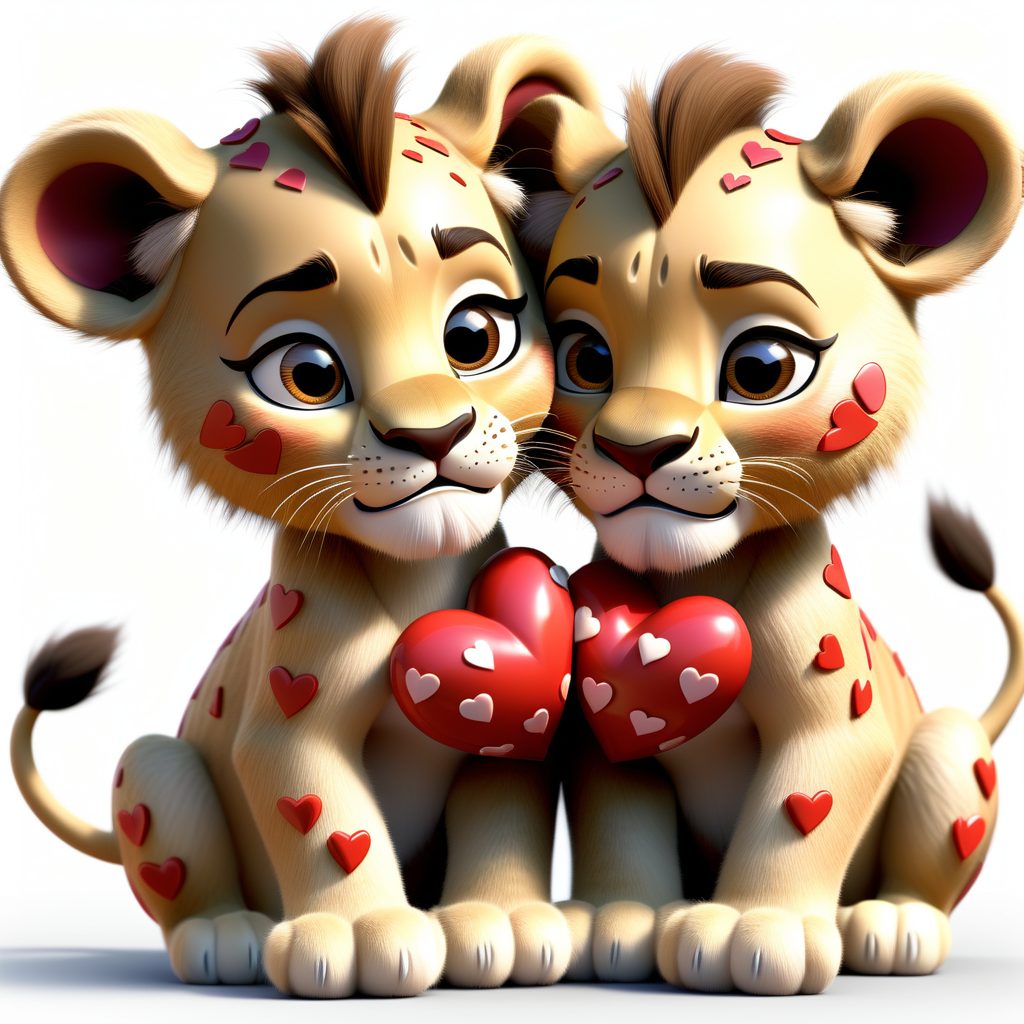 Pixar 3D Love-Struck Lion Cubs" clipart featuring adorable lion cubs wearing heart-patterned bows, playfully nuzzling against a pristine white background. Their expressions radiate innocent affection. --v 5 --stylize 1000