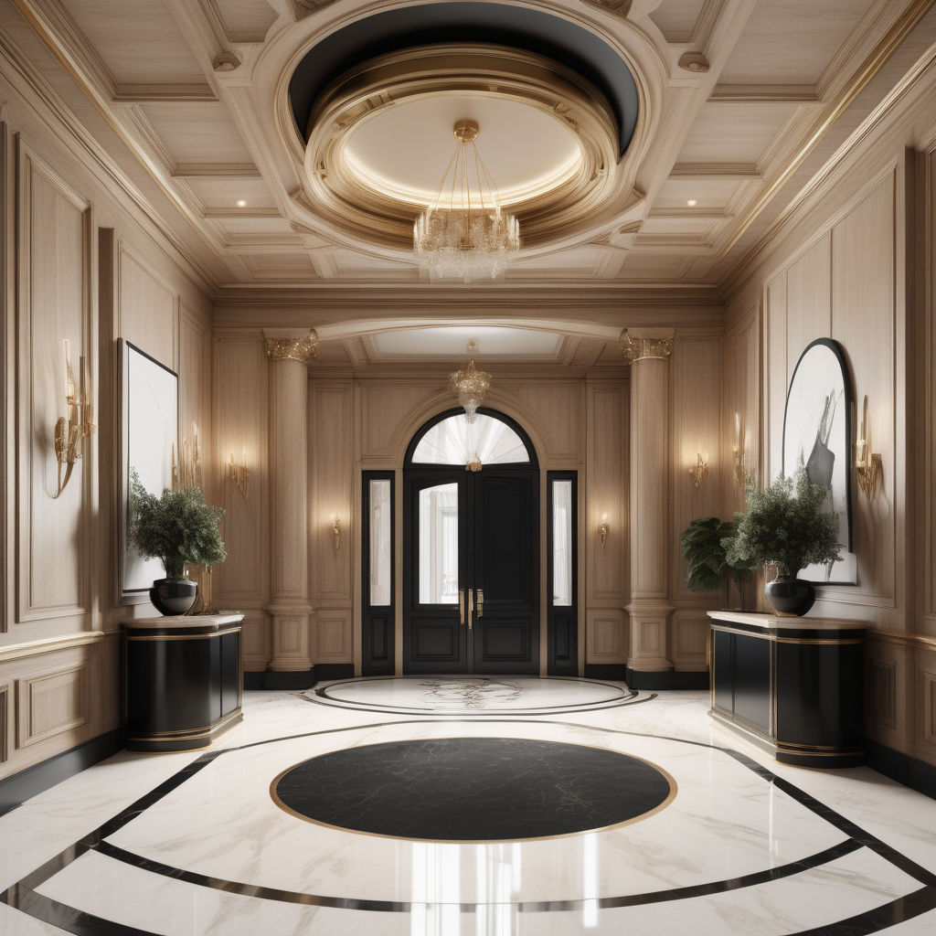 A hyperrealistic image of a luxurious, grand  modern Parisian entrance foyer in a beige oak brass colour palette with accents of black , with coffered ceiling, a curved bifurcated staircase 