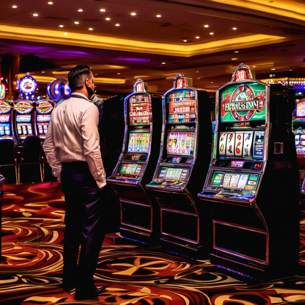 A man standing in front of casino looking at casino machine 