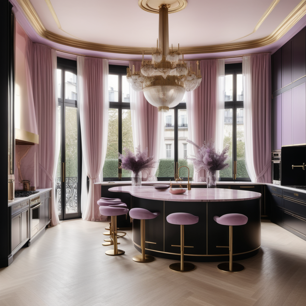 hyperrealistic image of large modern Parisian kitchen with island, floor to ceiling windows, curves, black, ivory, pink, lilac and brass colour palette, brass chandelier, sheer curtains