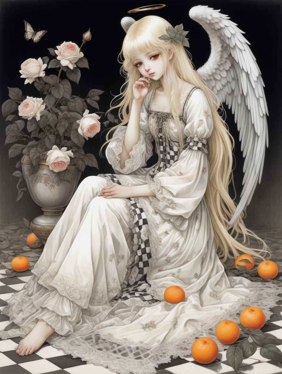 Chica angel sentada en el suelo con una mandarina. Tiene un vestido blanco con encaje, el pelo largo rubio y los ojos negros. Tiene mangas con estampado de cuadros artisticos rococo. A su lado crecen rosas marchitas. La ilustracion es del estilo de Yoshitaka Amano