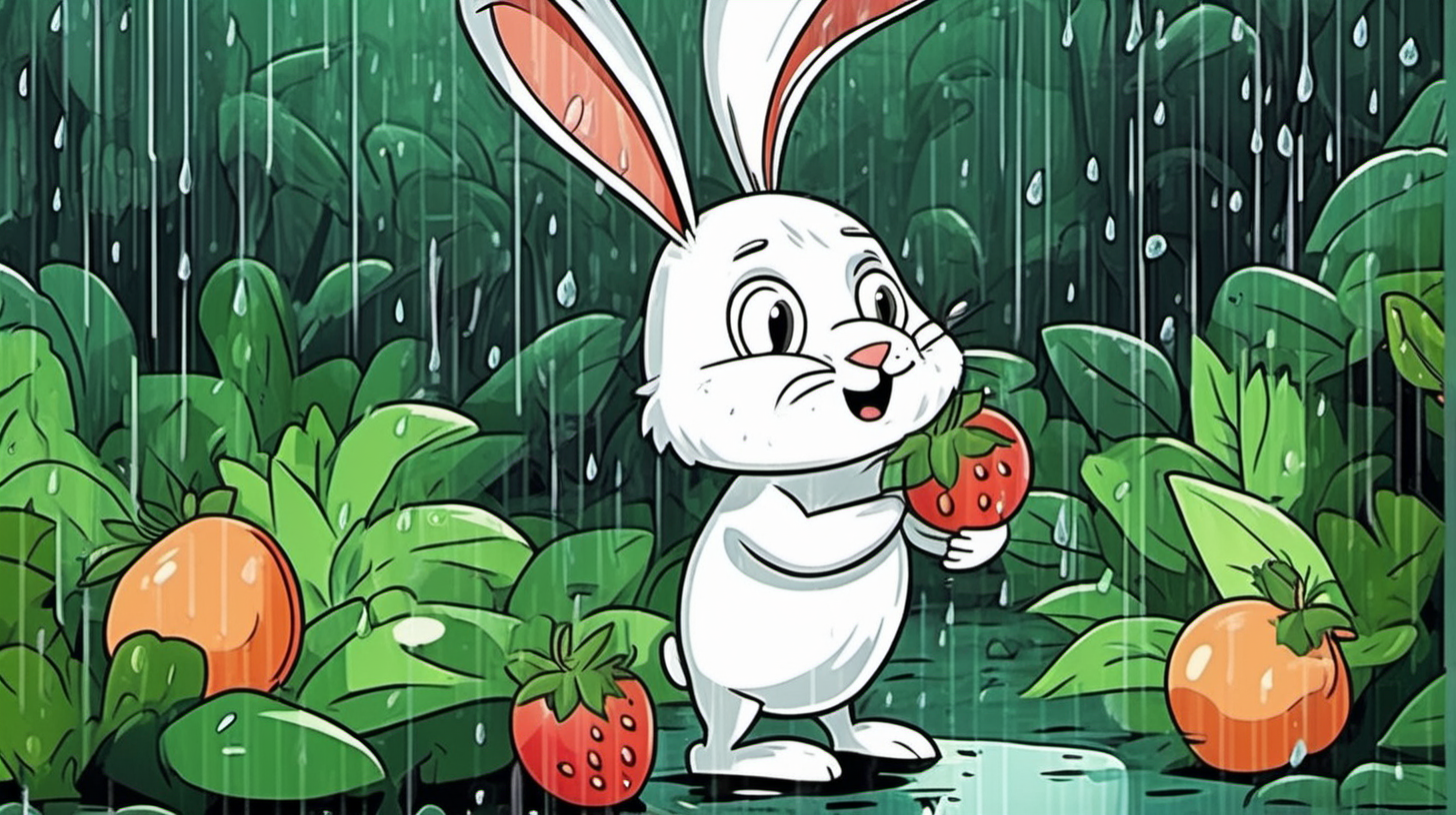 a cartoon tired rabbit collecting fruits from a