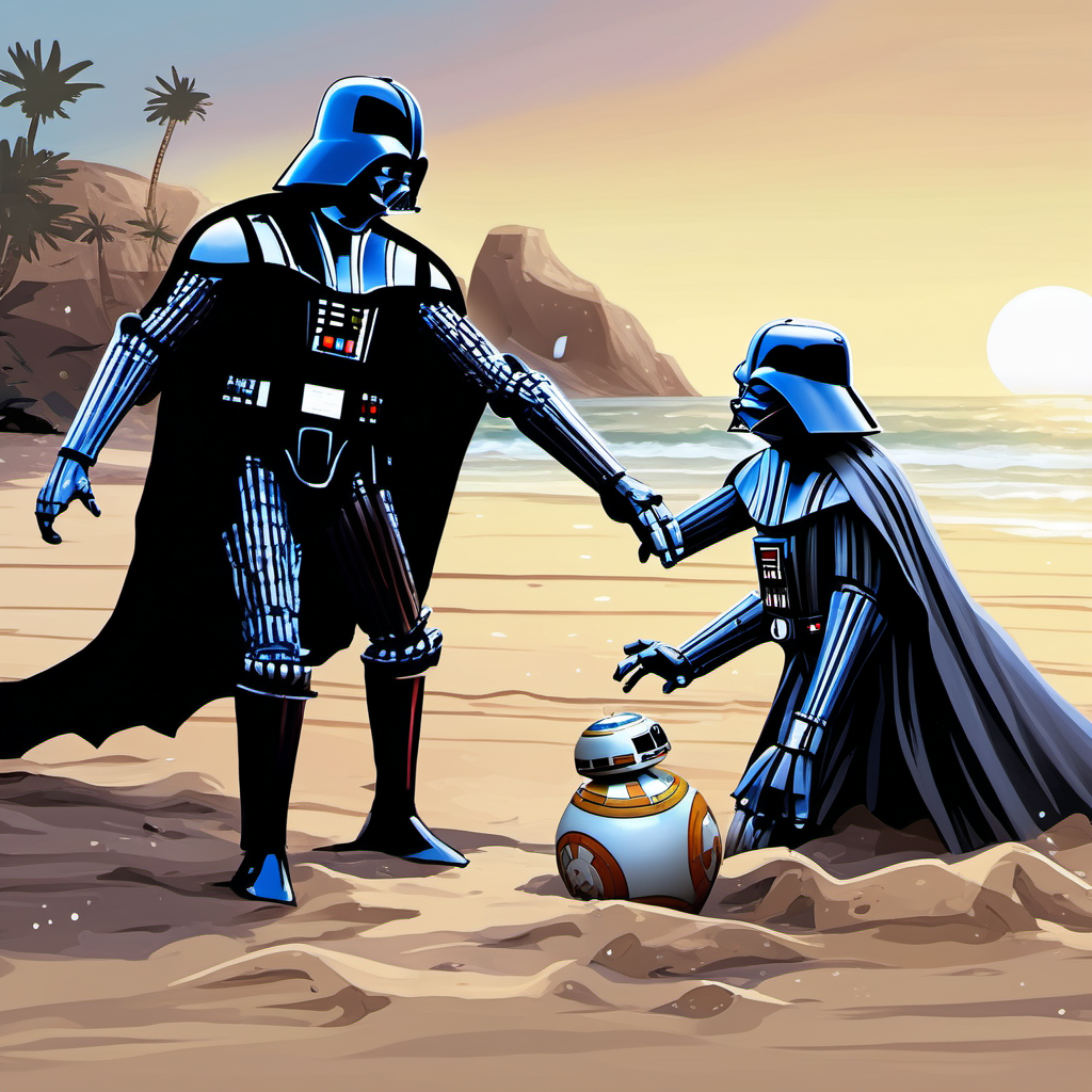 droid
 fighting darth Vader on a beach in the middle of no where 