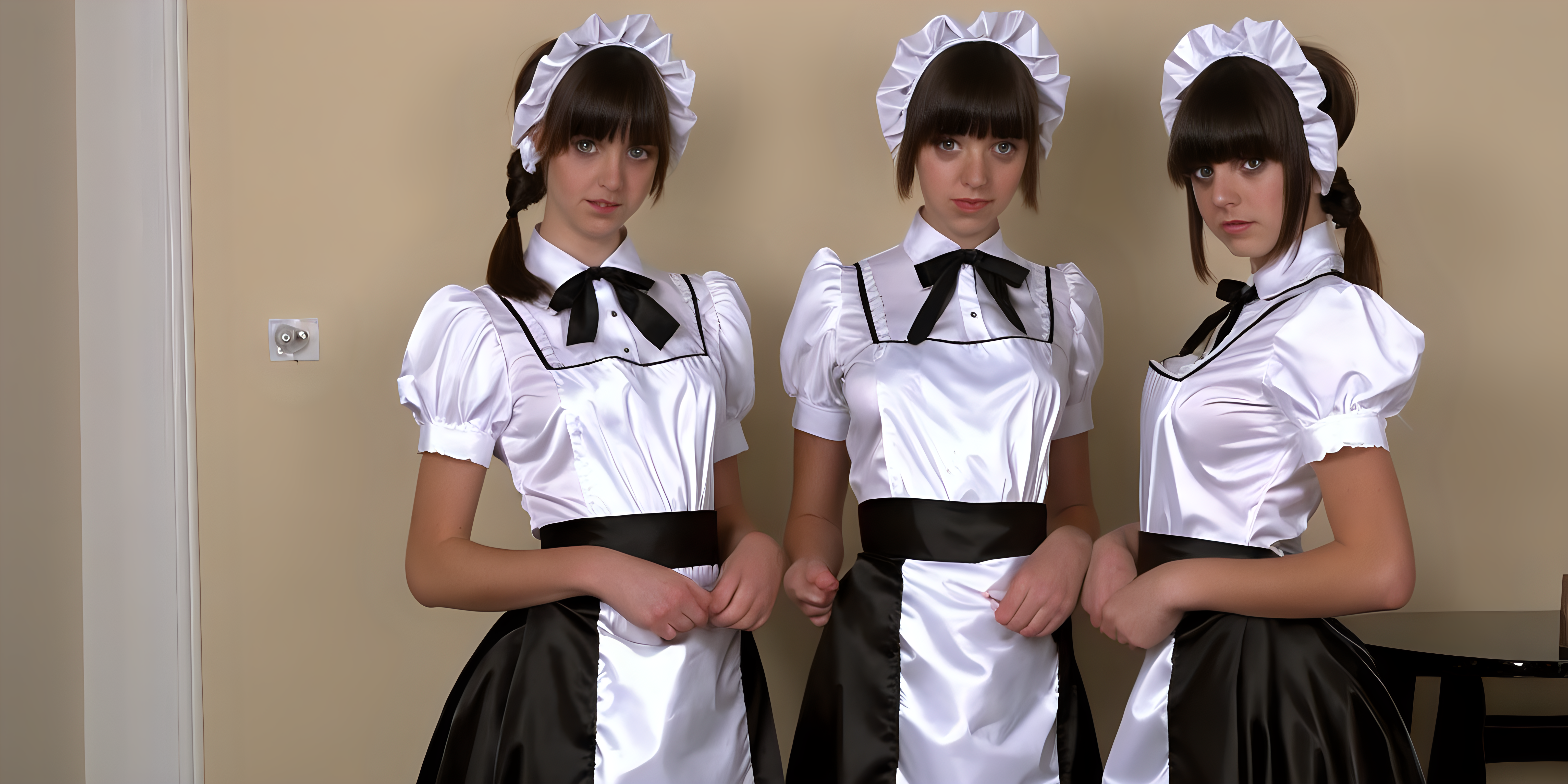 Two girls in satin long maid uniforms
