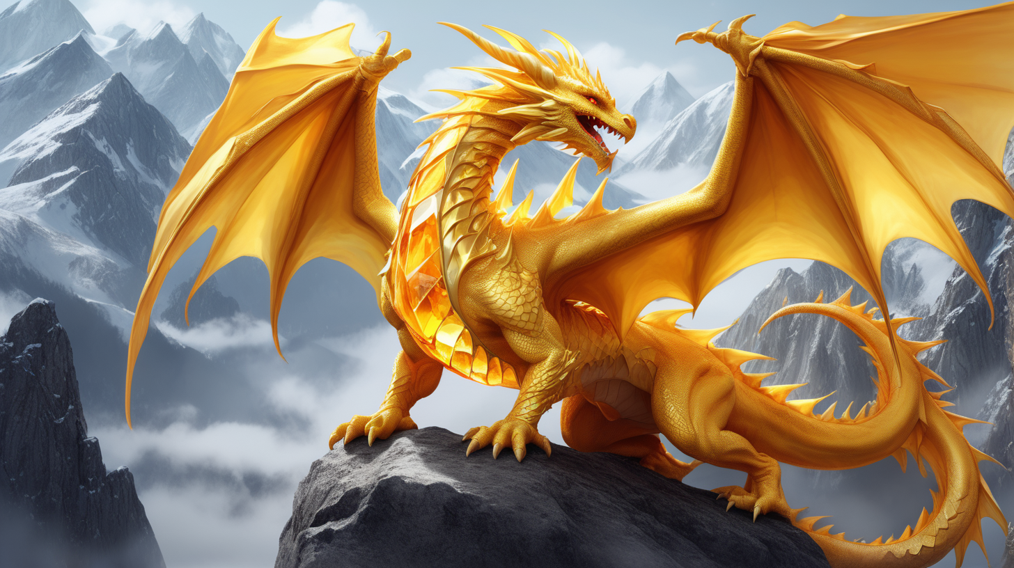 Draw  Stunning  fantasy Dragon citrine pose in the mountains