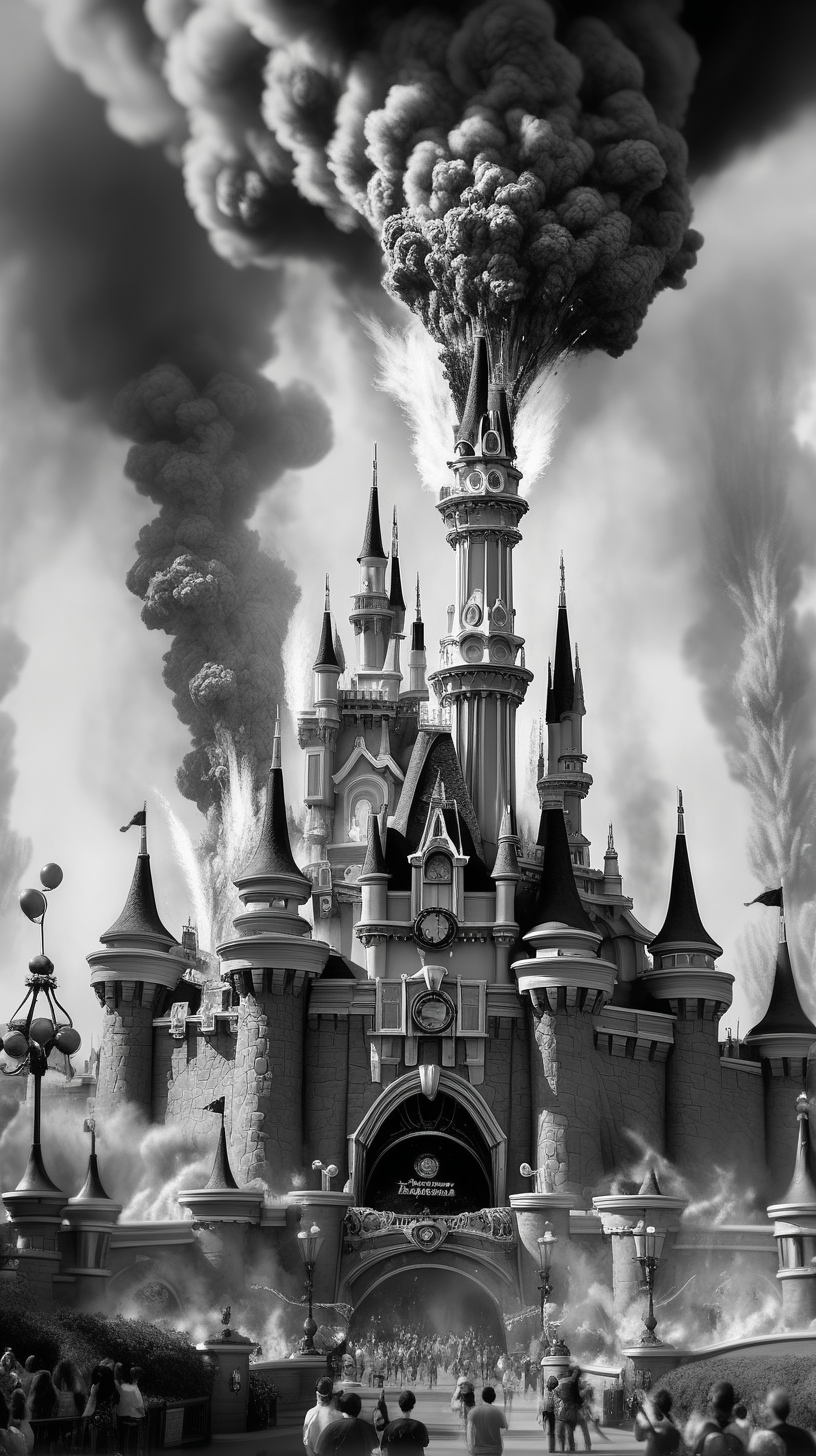 /imagine prompt : An ultra-realistic black and white
 drawing ,landscape, armageddon day, Disneyland burning and destroying
sureal hyper realistic
towers of Disneyland are blurred and flow create mysterious atmosphere 
 The image, shot in high resolution and a 16:9 aspect ratio, –ar 9:16 –v 5.2 –style raw