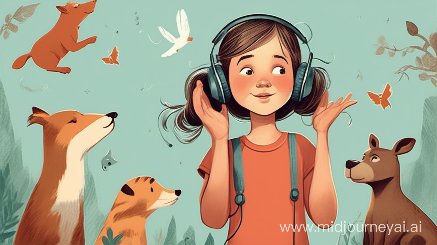 una niña a medio cuerpo, con las manos en las orejas escuchando sonidos de animales, silbatos, coches, ruidos extraños, para ilustración children book en stylized digital illustrations