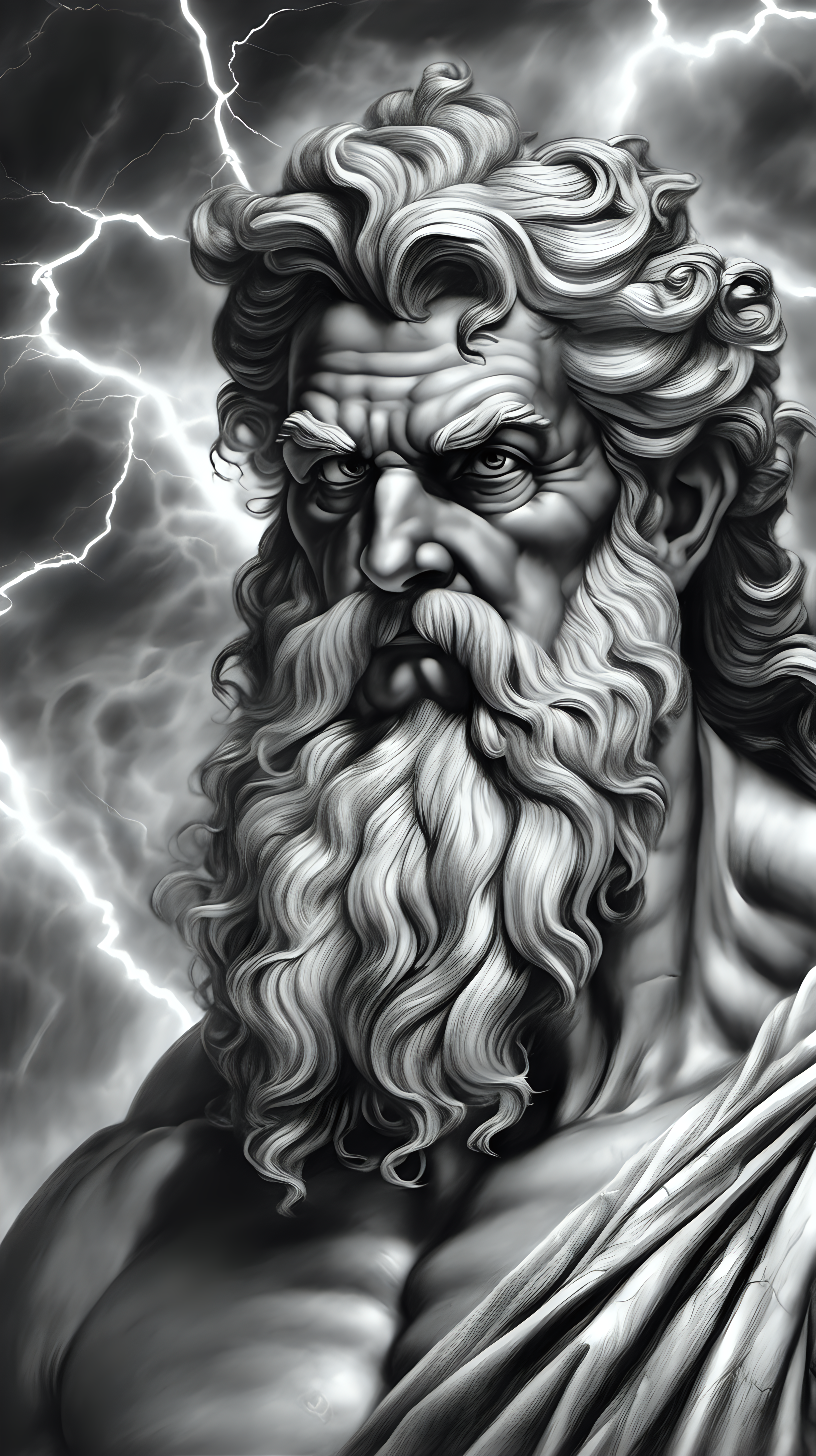 /imagine prompt : a hyper realistic black and gray Michelangelo drawing, portraying  great zeus ,He rules over other gods, gods & goddesses greek mytology
-no cut
<background>thunder and lightning
<style>pencil drawing
_ar 9:16