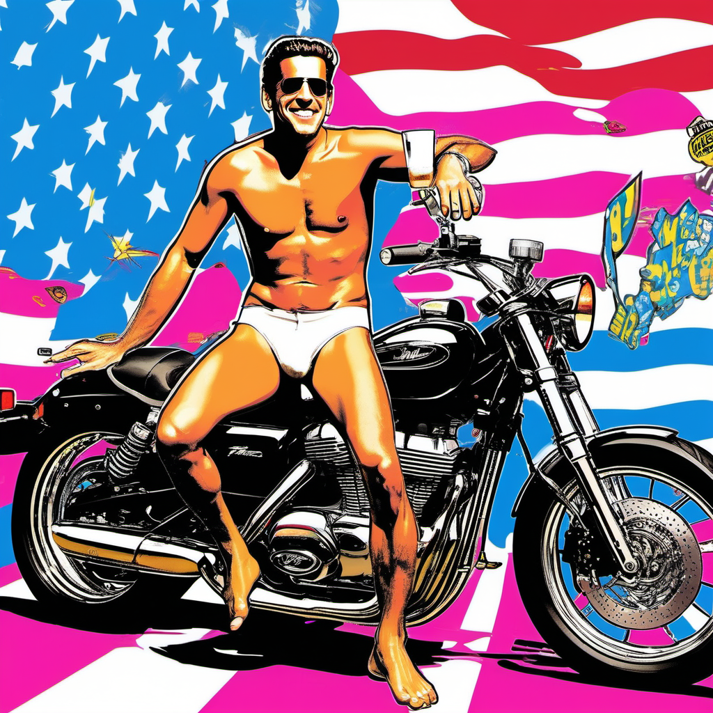 ((Hunter Biden)+ riding a motorcycle (naked)+++))+ in the style of (pop art)