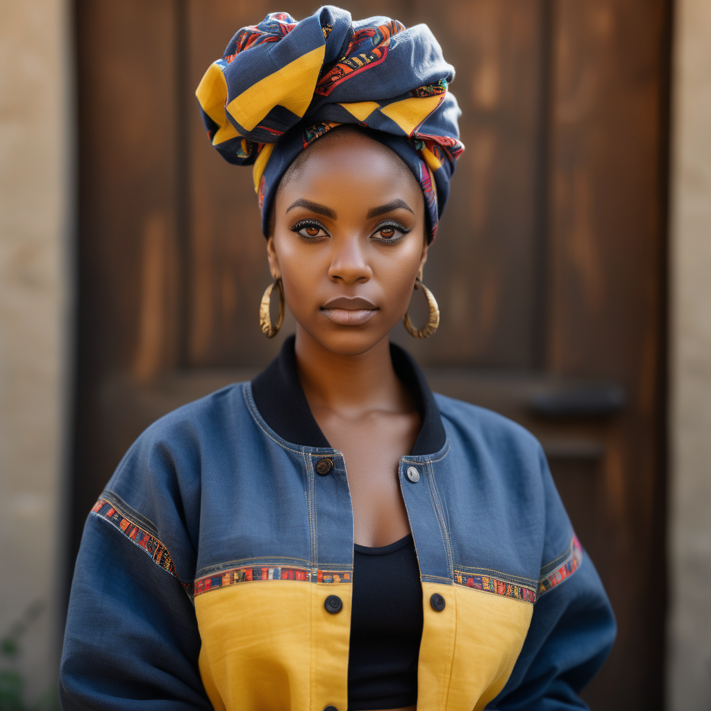 Beautiful Black woman with tribal paint on her eyes and forehead, wearing a multi color African headwrap and African print Skirt, cropped light Navy linen Barn coat with white stitching, wearing a yellow crewneck sweatshirt with a black fist printed on the front, wearing denim with African print material  inside the pockets,  Vibrant images that represent African heritage, In the sernegetti, looking to the left, holding a  black lamb, view looking straight at , 4k, high definition, high resolution, light source from above right