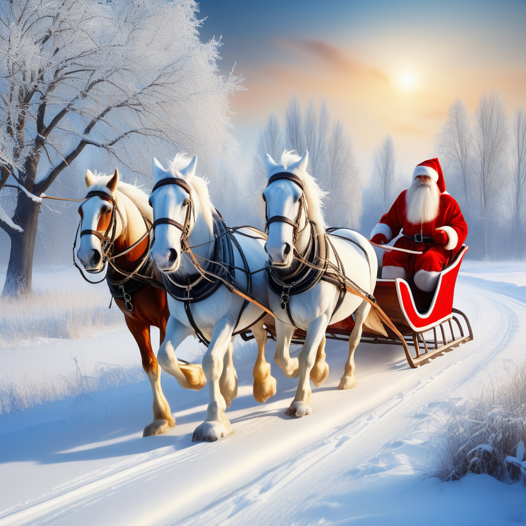 Рождество, дед мороз со снегурочкой в санях, запряженных тремя лошадьми, зимний пейзаж