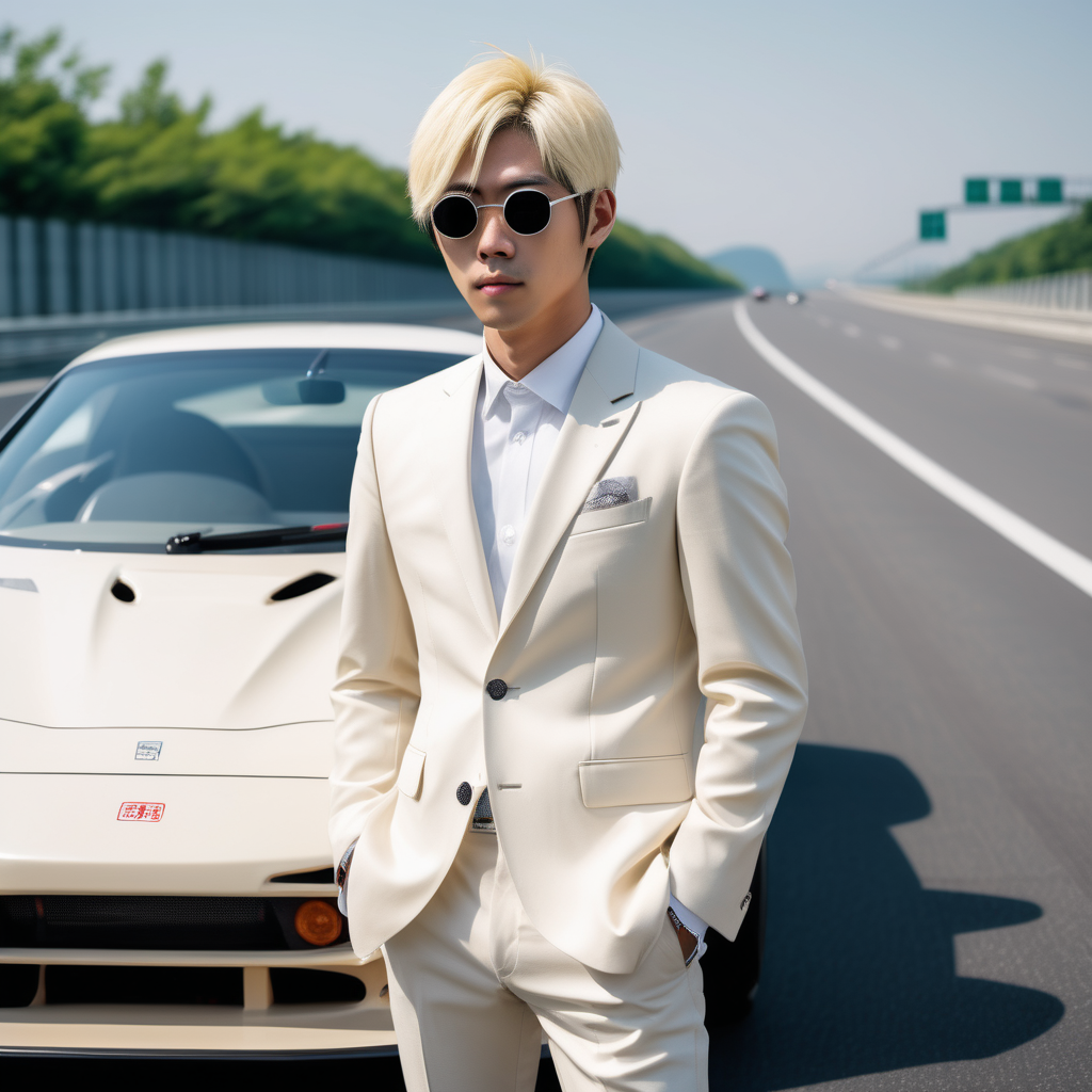 handsome Japanese man, bleached blond short hair, elegant clothes, eye scouter, modified racing car, highway, day